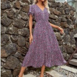 Shein Blue + Pink Floral Midi Dress